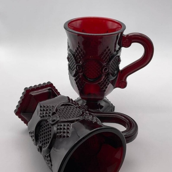 Set of 7 Vintage Avon 1876 Cape Cod Ruby Red Glass Mugs Pedestal Cups - Picture 3 of 4